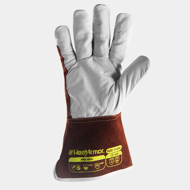 Palm view of HeatArmor 5058 cut-resistant welding gloves showing the goatskin leather palm.
