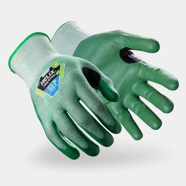 Green Helix 3050 eco-friendly cut-resistant gloves shown side by side as they might appear on your hands.