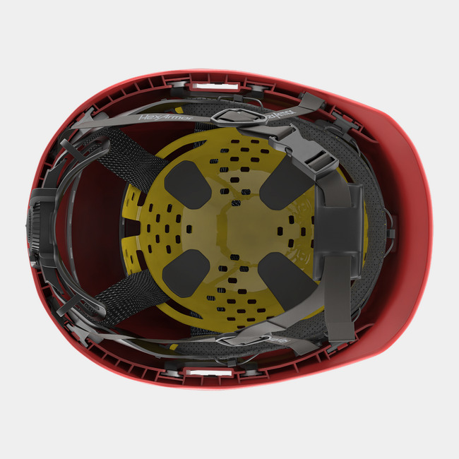 Ceros XP450A with Mips red safety helmet showcasing the suspension system on the underside of the helmet.