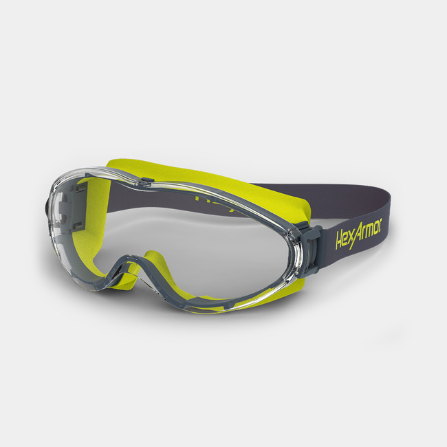Grey and yellow LT300 anti-fog safety goggles shown as they are sitting on a table.