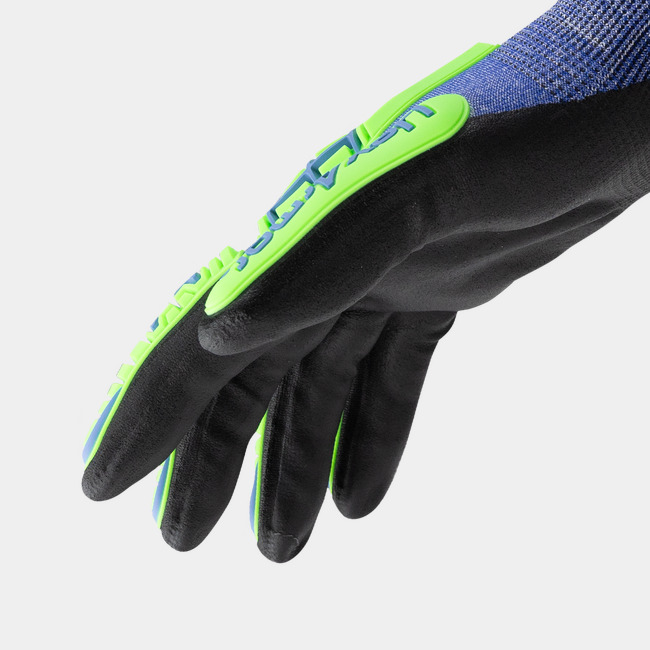 Side view of Helix 3026IMP cut-resistant work gloves showcasing where the seamless knit meets the coating.