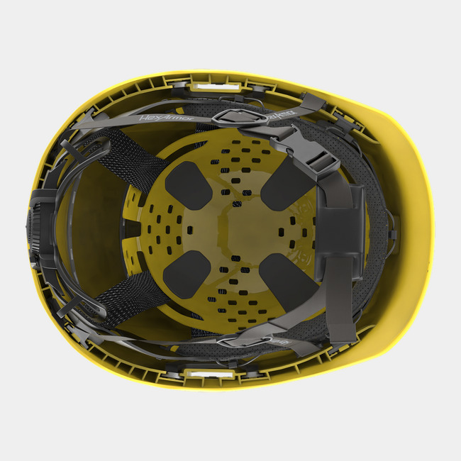 Ceros XP450A with Mips yellow safety helmet showcasing the suspension system on the underside of the helmet.