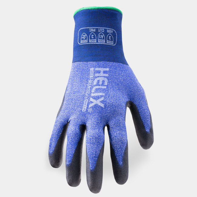 Back of hand view of Helix 1032 high dexterity work gloves, showcasing the glove label and polyester/nylon blend shell.