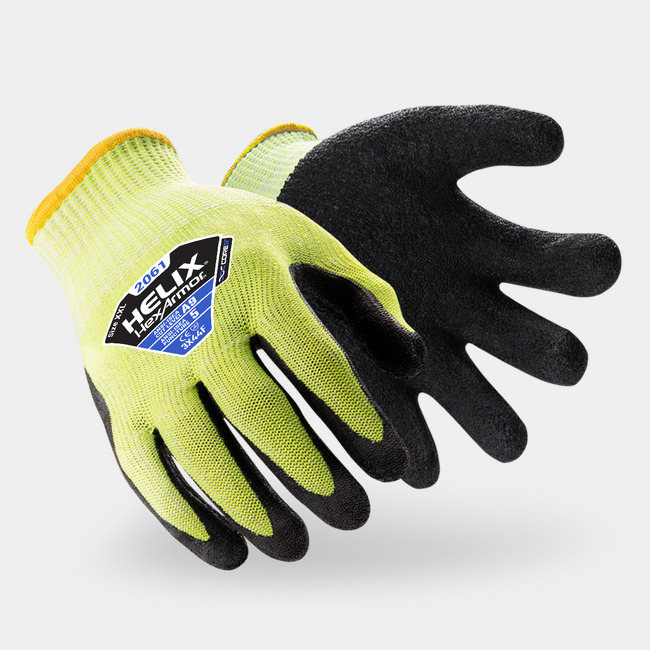 Hi-vis yellow and black Helix 2061 cut-resistant gloves shown side by side as they might appear on your hands.