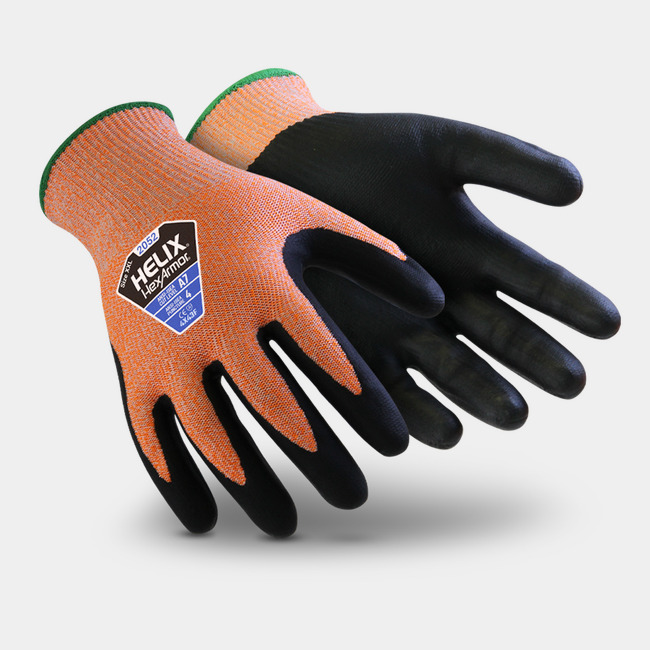 Black and hi-vis orange Helix 2052 cut-resistant gloves shown side by side as they might appear on your hands.