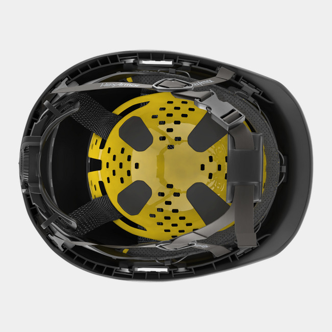 Ceros XP450A with Mips black safety helmet showcasing the suspension system on the underside of the helmet.