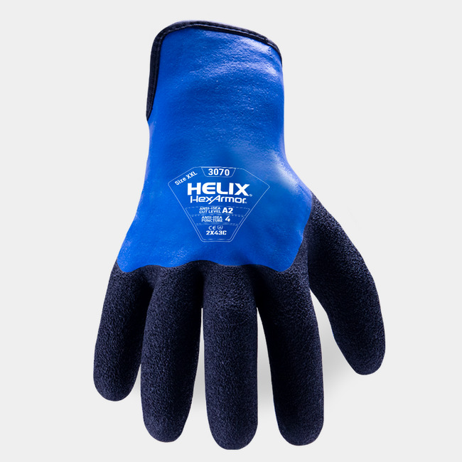Back of hand view of Helix 3070 water-resistant work gloves, showcasing the glove label and full latex coating.