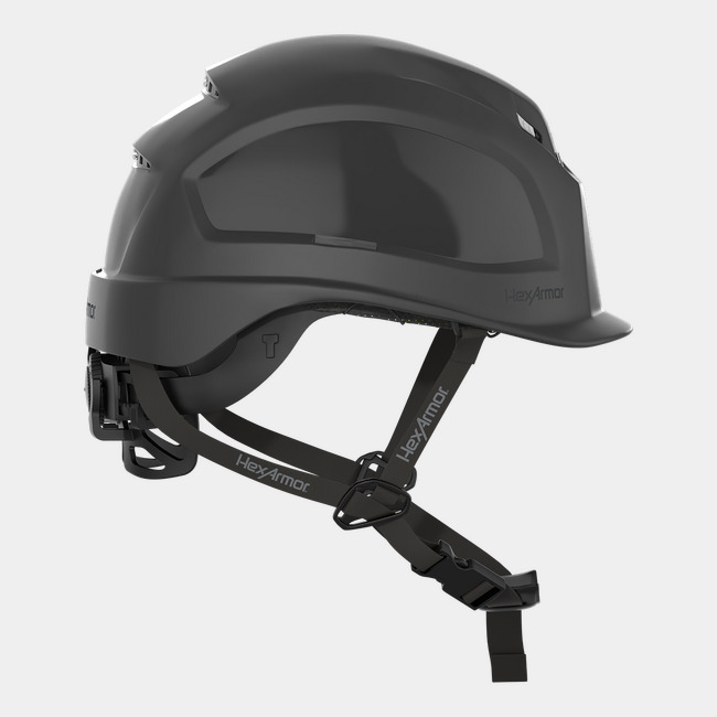 Ceros XP450A with Mips black vented safety helmet with chin strap as shown from the front.