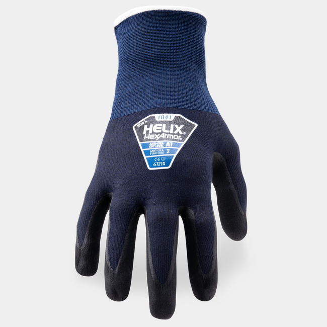 Back of hand view of Helix 1041 high dexterity work gloves, showcasing the glove label and nylon/recycled polyester blend shell.