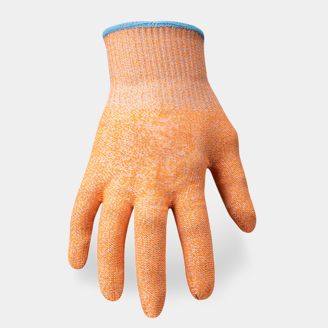 Back of hand view of Helix 2051 cut-resistant gloves, showcasing the glove label and HPPE/steel/fiberglass blend shell.