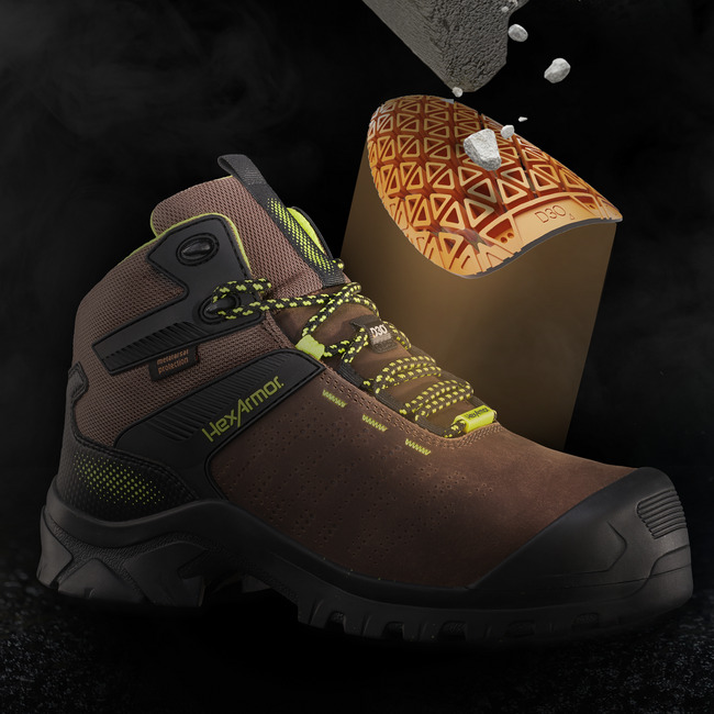 Up-close view of Xbase met guard work boot’s D3O® metatarsal protection
