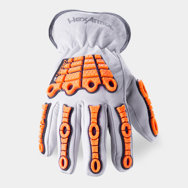 Back of hand view of Chrome SLT 4060 arc flash resistant safety gloves showcasing the impact protection guards.