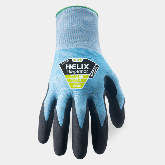 Back of hand view of Helix 3020 abrasion-resistant gloves, showcasing the glove label and HPPE/steel/fiberglass/polyester blend shell.