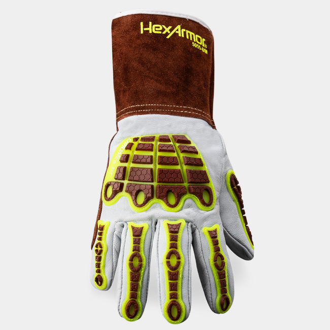 Back of hand view of HeatArmor 5055 welding work glove, showcasing the innovative impact protection.