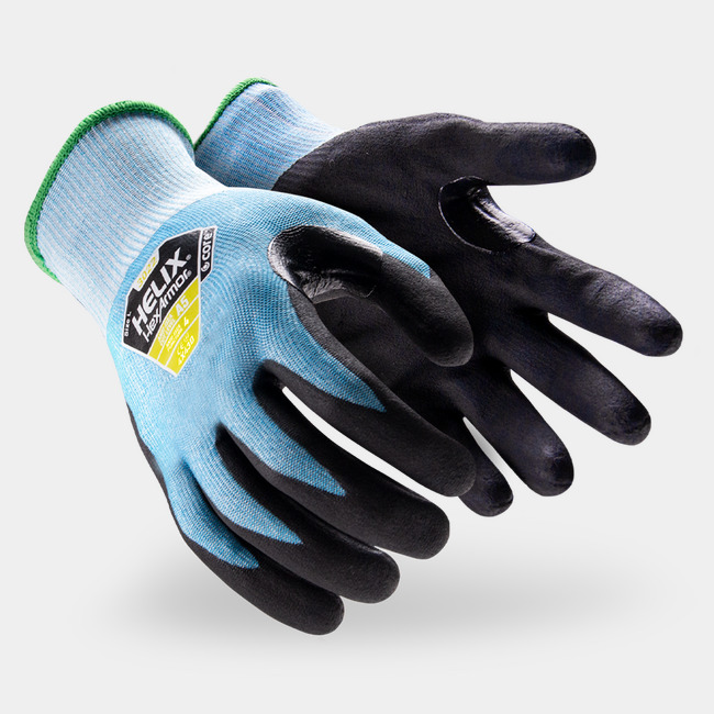 Black and blue Helix 3020 cut-resistant work gloves shown side by side as they might appear on your hands.