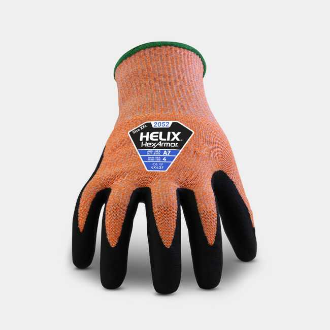 Back of hand view of Helix 2052 hi-vis work gloves, showcasing the glove label and HPPE/steel/fiberglass blend shell.