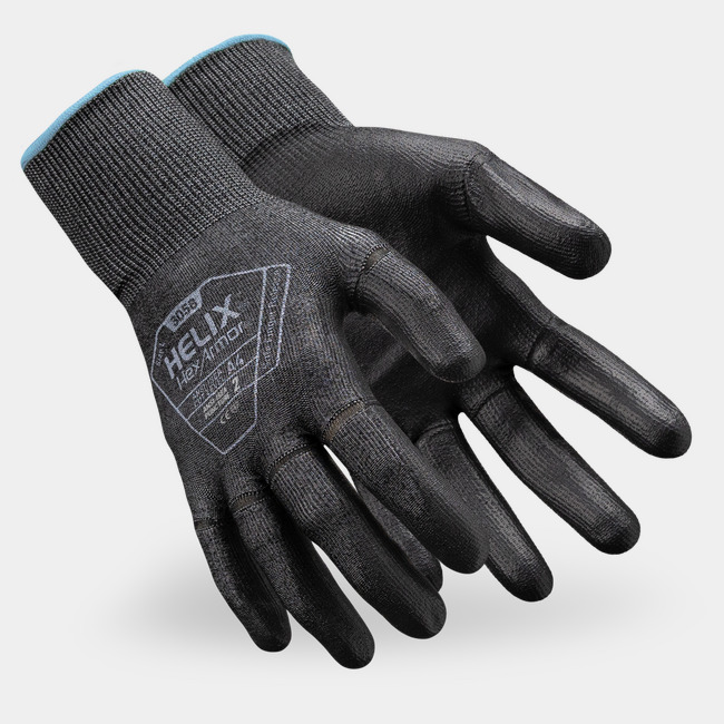 Black Helix 3058 general purpose safety gloves as they might appear on your hands.
