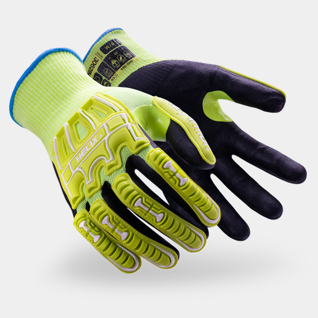 Hi-vis and black Helix 3062IMP impact-resistant gloves as they might appear on your hands.