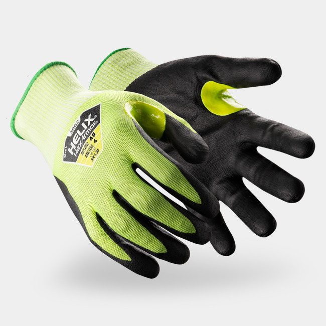 Hi vis and black Helix 3062 cut-resistant gloves as they might appear on your hands.