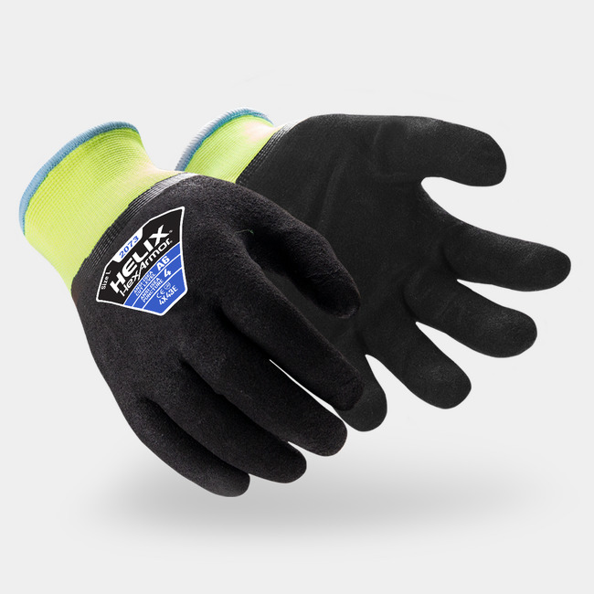 Black and yellow Helix 2073 water-resistant cold weather safety gloves shown side by side as they might appear on your hands.