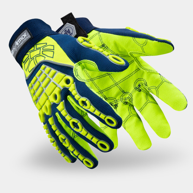 Hi-vis and blue Chrome Series 4027 cut and impact resistant gloves as they might appear on your hands.