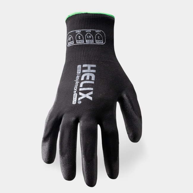 Back of hand view of Helix 1030 high dexterity work gloves, showcasing the glove label and polyester blend shell.