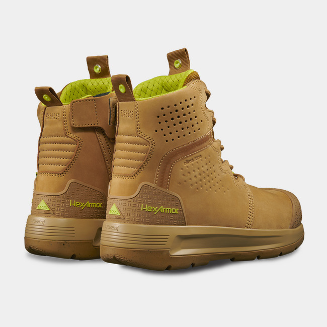 Back side of comfortable work boots showcasing Xtend’s hi-vis details on the liner and heel.