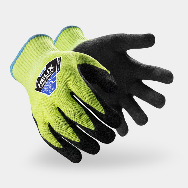 Hi-vis yellow and black Helix 2062 puncture-resistant gloves shown side by side as they might appear on your hands.
