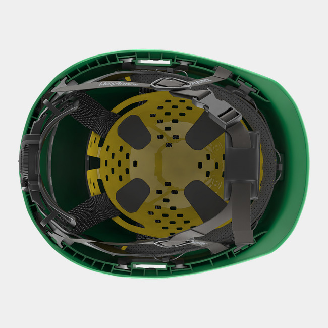 Ceros XP450A with Mips green safety helmet showcasing the suspension system on the underside of the helmet.