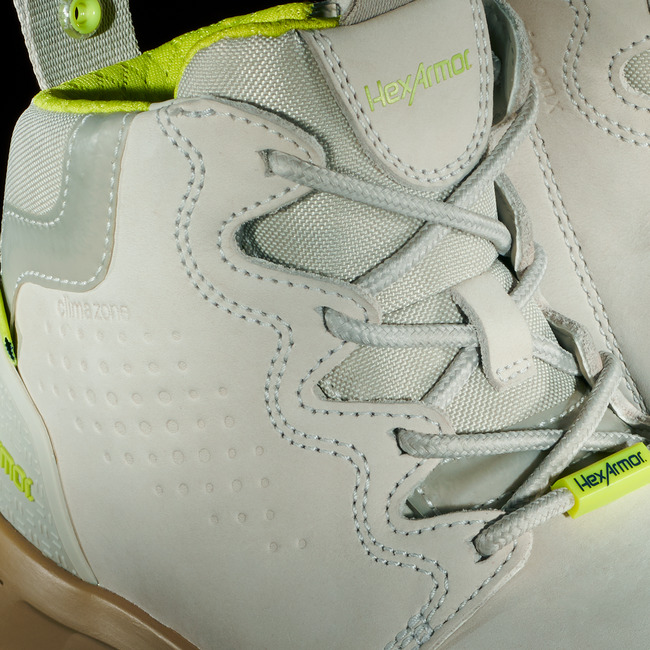 Up-close view of womens Xtend grey work boot lacing system for superior fit and comfort.