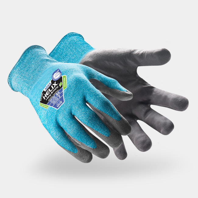 Teal and grey Helix 3055 abrasion-resistant gloves, showing gloves side by side as the might appear on your hands.