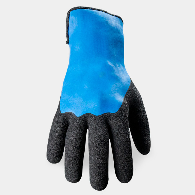 Back of hand view of Helix 3071 high-dexterity work gloves, showcasing the glove label and full natural foam latex coating.