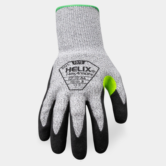 Back of hand view of Helix 1075 general-purpose gloves, showcasing the glove label and HPPE/polyester/fiberglass blend shell.
