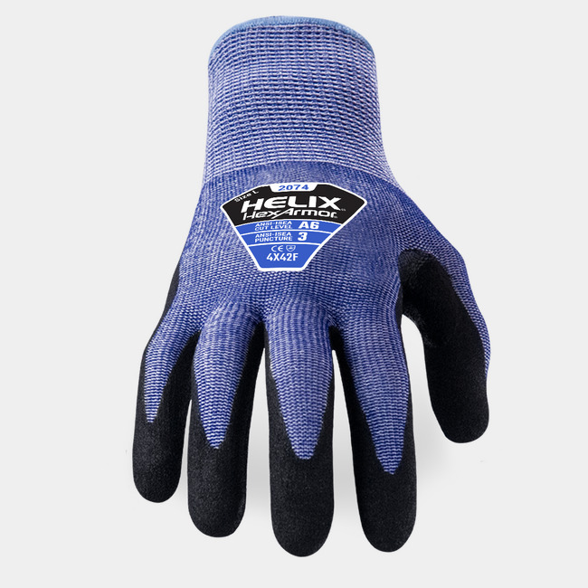Back of hand view of Helix 2074 abrasion-resistant gloves, showcasing the glove label and HPPE/steel/fiberglass blend shell.