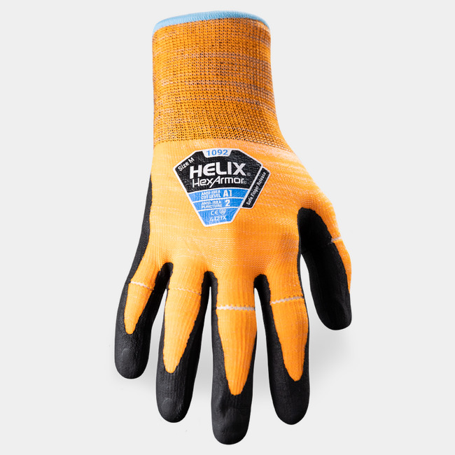 Back of hand view of Helix 1092 tear-away gloves, showcasing the glove label and nylon/elastane blend shell.