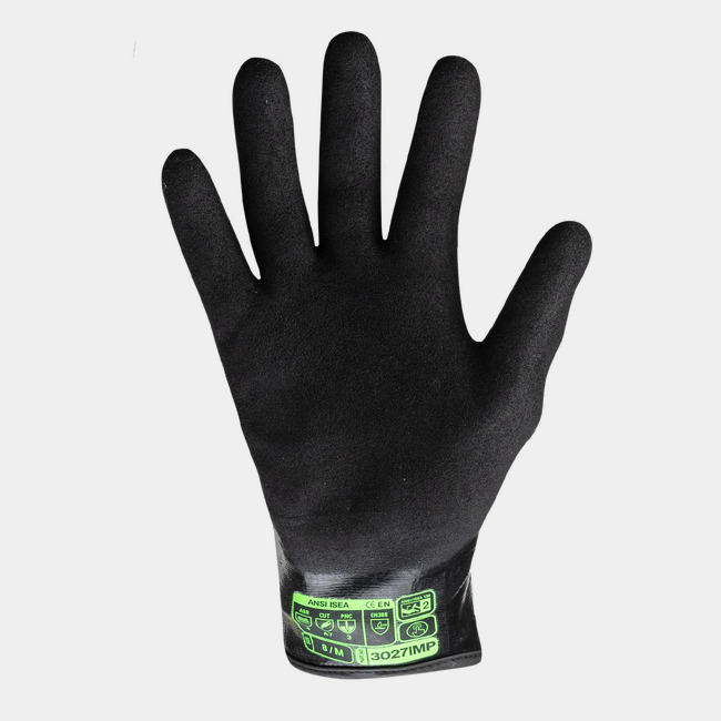 Palm view of Helix 3027IMP cut-resistant work gloves showcasing the sandy nitrile coating.