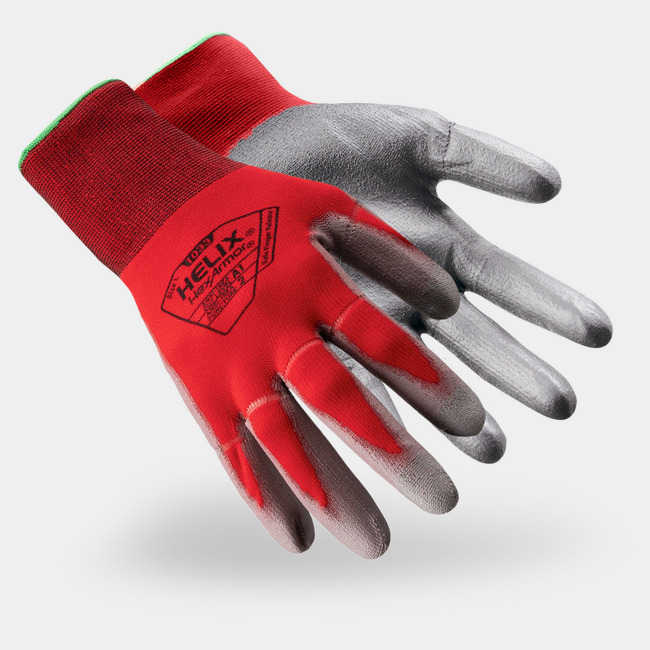 Red and grey Helix 1033 utility gloves shown side by side as they might appear on your hands.