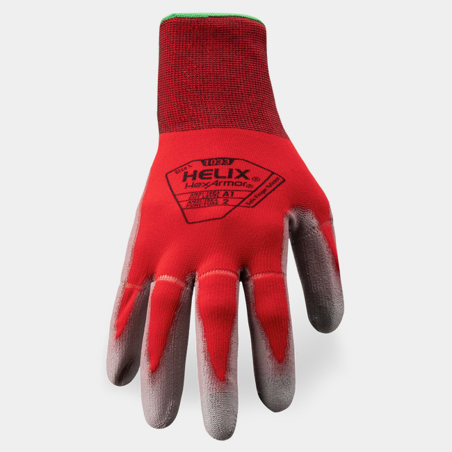 Back of hand view of Helix 1033 tear away gloves, showcasing the glove label, breakaway fingers, and nylon/spandex blend shell.