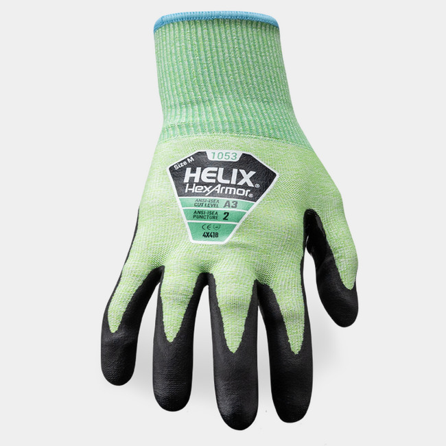 Back of hand view of Helix 1053 general purpose gloves showcasing the glove label.