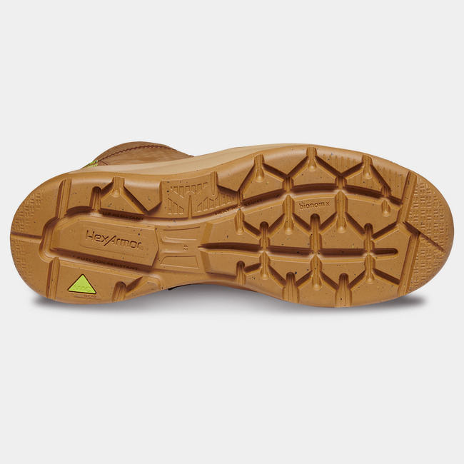 Bottom side of slip-resistant work boot showcasing the unique tread and MACSOLE rubber outsole.