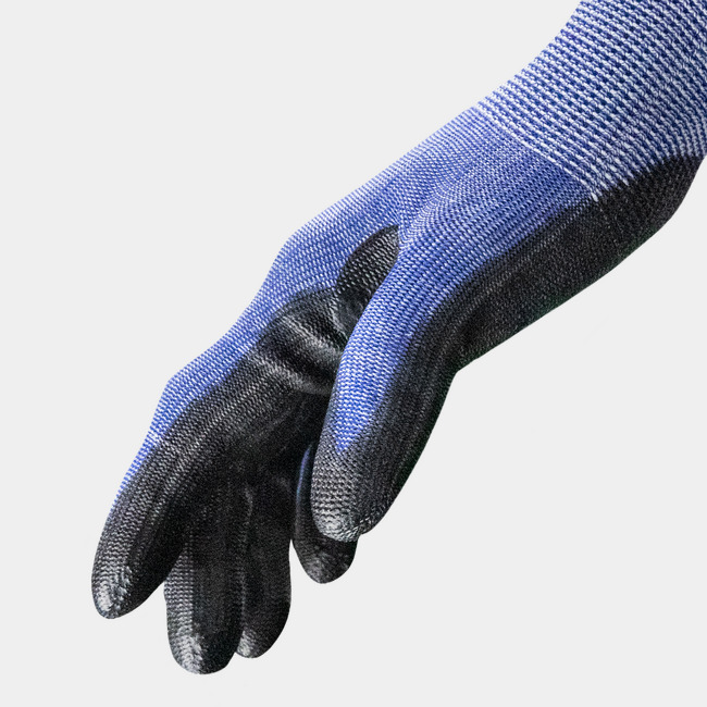 Side view of Helix 2076 seamless gloves cut-resistant gloves, showcasing the seamless knit and reinforced thumb saddle.