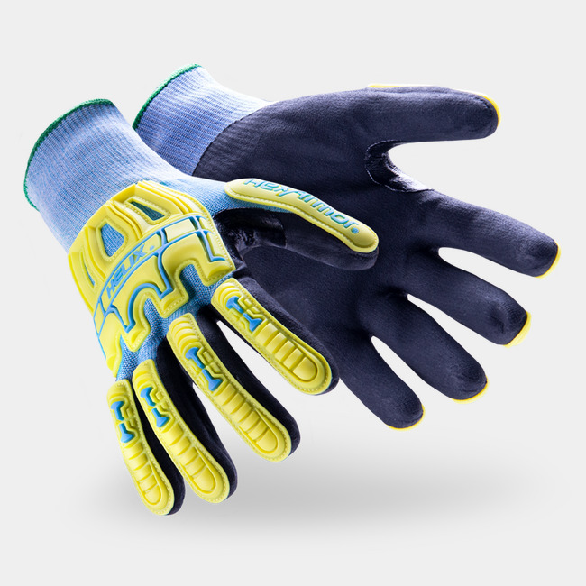 Black, hi-vis, and blue Helix 3010 impact-resistant gloves shown side by side as they might appear on your hands.
