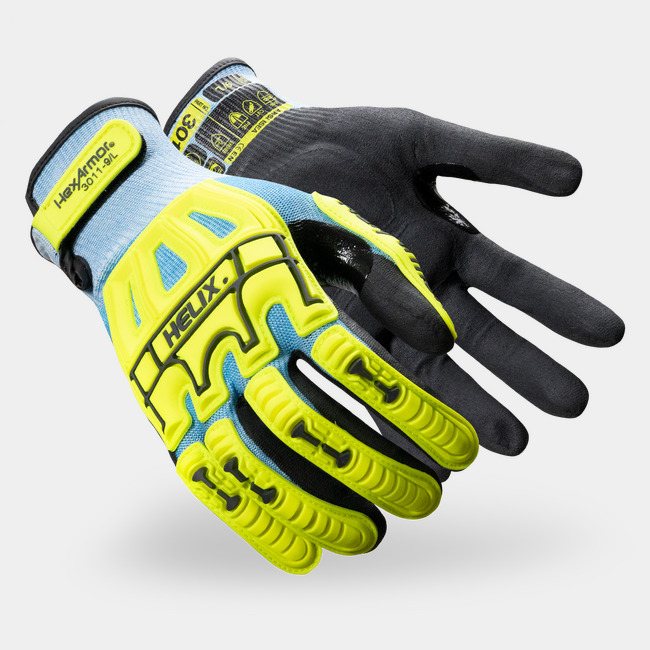 Blue and hi-vis Helix 3011 impact gloves as they might appear on your hands.