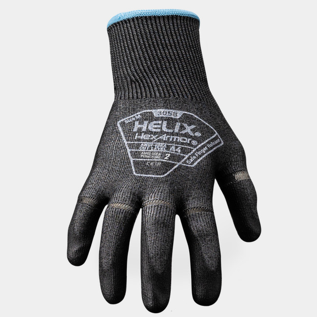 Back of hand view of Helix 3058 general purpose gloves showcasing the glove label and HPPE shell blend.