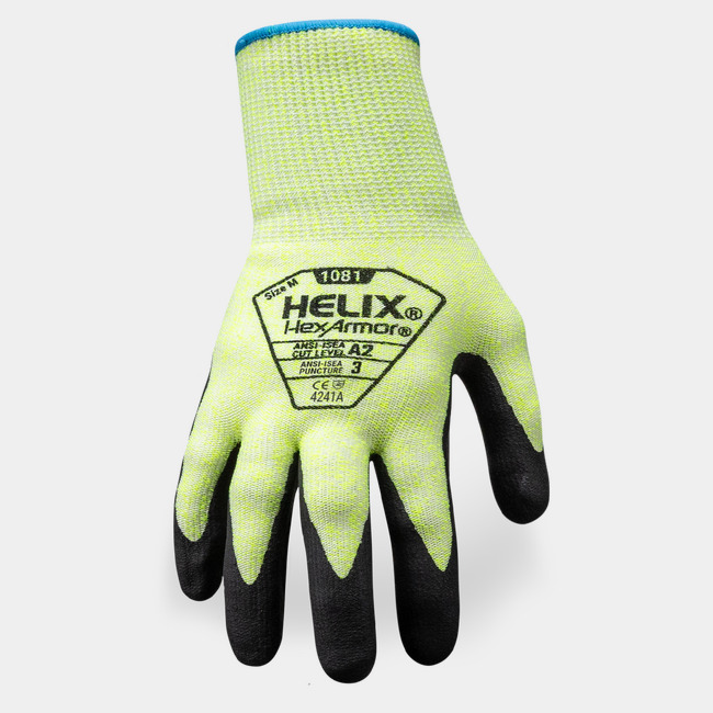 Back of hand view of Helix 1082 general purpose gloves showcasing the glove label and HPPE/polyester shell blend.