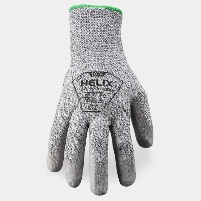 Back of hand view of Helix 1074 high-dexterity work gloves, showcasing the glove label and HPPE/polyester/fiberglass blend shell.