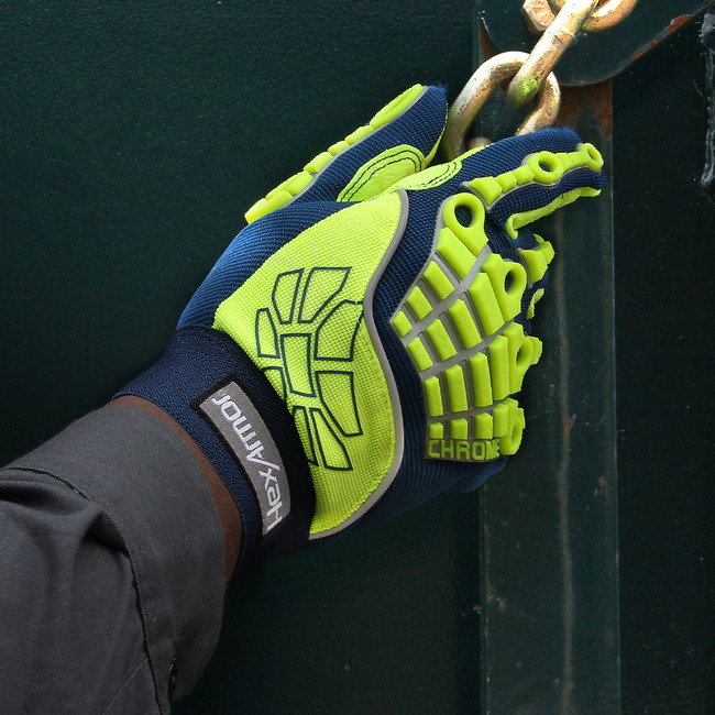 Hand wearing the Chrome Series 4027 gripping oily chains.