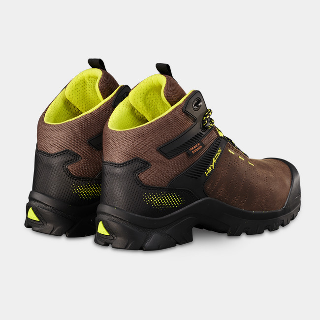 Back side of Xbase metatarsal work boots showcasing Xbase MET hi-vis details on the liner and heel.