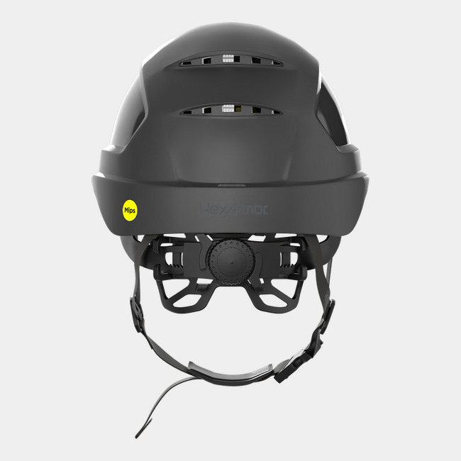 Ceros XP450A with Mips and chin strap safety helmet as shown from the back showcasing the wheel ratchet adjustment system.