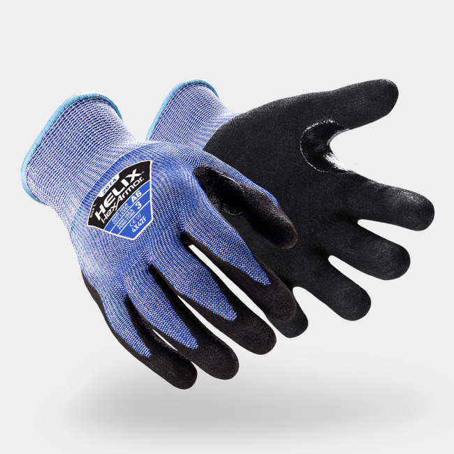 Blue and black Helix 2074 cut-resistant gloves shown side by side as they might appear on your hands.
